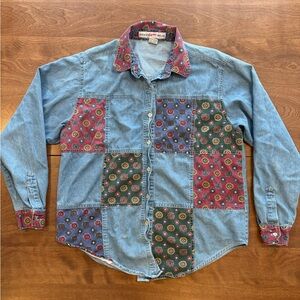 Vintage Denim Patchwork Button-Down Shirt